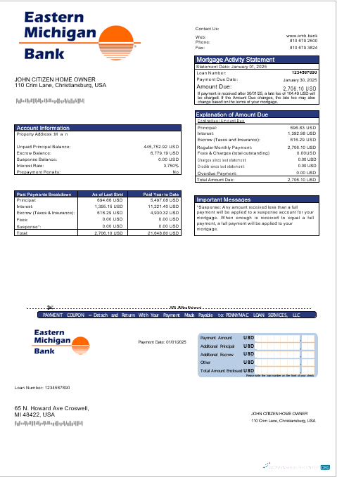 Download USA Eastern Michigan bank mortgage statement in Word and PDF formats Photoshop template